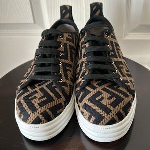 FENDI women’s rise low top, platform sneakers perforated Zucca fabric Brown